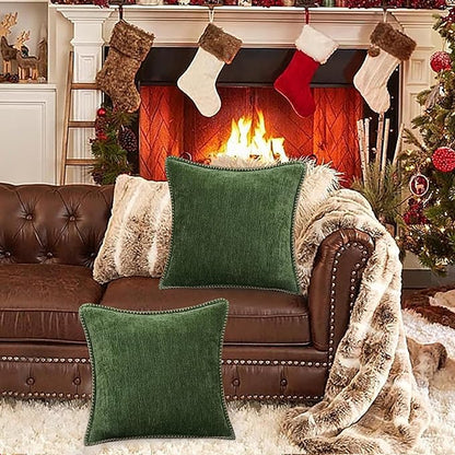 decorUhome Christmas Chenille Soft Throw Pillow Covers 22x22 Set of 2, Farmhouse Velvet Neutral Decorative Euro Fall Pillow Covers with Stitched Edge for Couch Sofa Bed Home Decor, Forest Elf