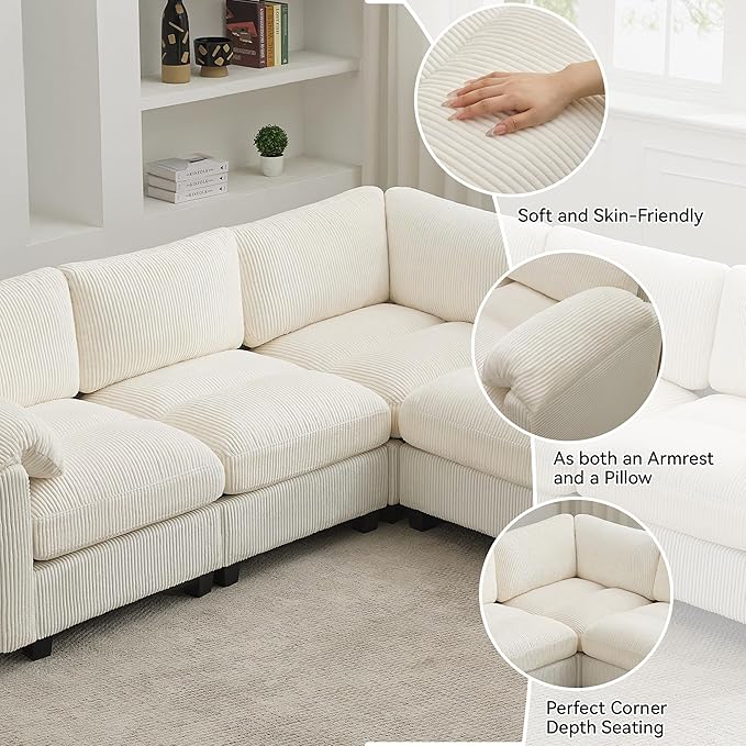 114'' V-Shaped Sectional Cloud Couch with Ottoman, 7-Seater Modular Couches for Living Room, Corduroy Oversized Deep Seat Sofa with Center Stitched, Beige