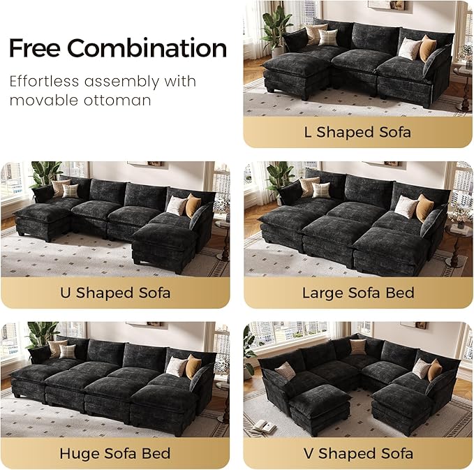 KKL 120" Huge Modular Sectional Sofa Bed, 8 Seater Convertible J/L/U-Shaped Sleeper Cloud Couch with Ottoman, Chenille Sectional Couches for Living Room, Apartment, Black