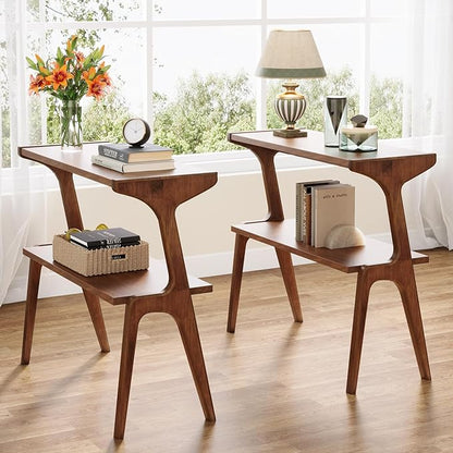Tribesigns Wood End Table, Farmhouse Narrow Side Table with Storage Shelves, 2-Tier Slim Couch Side Table for Living Room, Long Bedside Table for Bedroom, Small Spaces, Rustic Brown