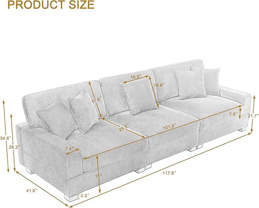 Modular Sectional Couches for Living Room, 118" Modern Upholstered 3-Seater Sofa Couche for Living Room Bedroom, Beige