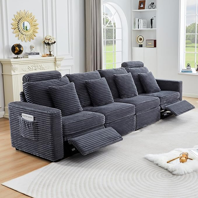 ORRD Power Reclining Sectional Sofa, Electric 4 Seat Recliner with 2 Electric Footrest and Adjustable Headrest, Modern Plush Corduroy Fluffy Modular Sectional with Deep Seat for Living Room-Blue Grey