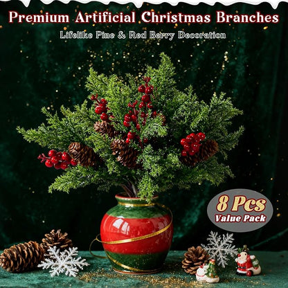 8PCS Artificial Pine Branches with Red Berry Pine Cones Artificial Needles Branches Greenery Stems Fake Greenery Floral Arrangements