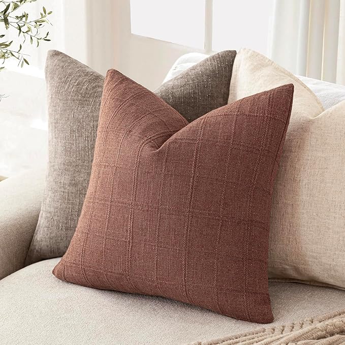 Foindtower Set of 2 Decorative Linen Check Throw Pillow Covers Neutral Farmhouse Vintage Cushion Covers Modern Boho Home Decor for Sofa Chair Couch Bedroom Living Room,18×18 Inch,Autumnal Red