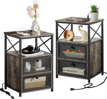 VECELO Oak Gray End Table with USB Ports and Outlets,24 Inch Nightstands with Charging Station and Storage Shelf for Bedroom,Living Room, 2 Set
