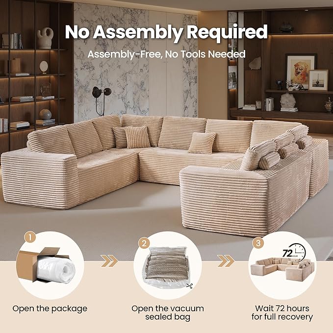 Cloud Sectional Couch with Loveseat, Boneless U-Shaped Cloud Couch with Deep Seat, Soft Plush Modern Minimalist Sofa, Assembly Free Modular Floor Sofa for Office Living Room Apartment, Beige
