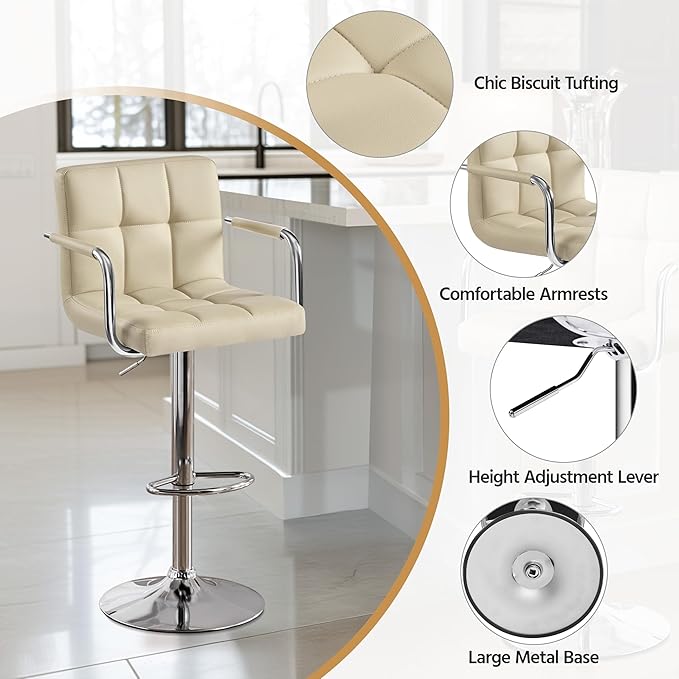 Yaheetech Bar Stools Set of 2, PU Leather Adjustable Swivel Barstools, Hydraulic Kitchen Counter Height Chairs with Armrest and Back for Kitchen, Dining Room, Khaki