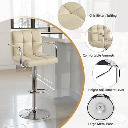 Yaheetech Bar Stools Set of 2, PU Leather Adjustable Swivel Barstools, Hydraulic Kitchen Counter Height Chairs with Armrest and Back for Kitchen, Dining Room, Khaki