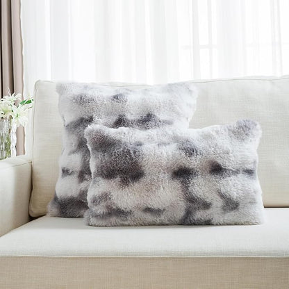 FUTEI Grey White Decorative Throw Pillow Covers 18x18 Inch Set of 2,Soft Fuzzy Faux Rabbit Fur Cushion Covers with Raised Texture,Neutral Boho Home Decor for Couch Bed Living Room