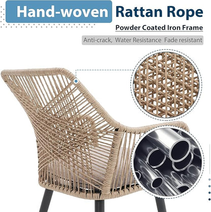 JOIVI Outdoor Dining Chairs Set of 2, 2 Pieces Woven Rope Patio Chairs with Armrest and Seat Cushions for Outside Porch, Balcony or Indoor Kitchen, Restaurant, Tan