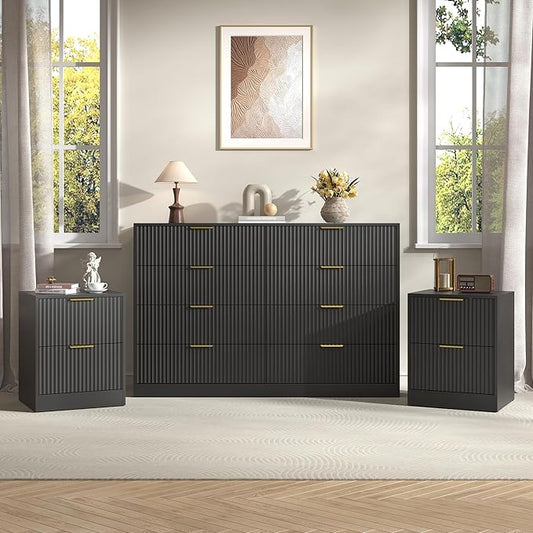 3-Piece Modern Bedroom Furniture Set, Wide 8-Drawer Dresser & 2-Drawer Nightstands Set of 2, Natural Wood Dresser and Nightstand Sets for Bedroom, Hallway, Black