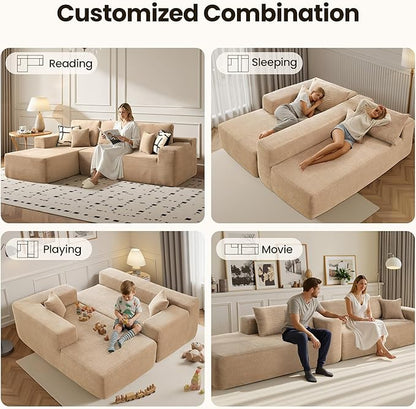 104" Cloud Sectional Couch with Chaise, Boneless L-Shaped Cloud Couch with Deep Seat, Corduroy Modern Minimalist Sofa, Assembly Free Comfy Sofa for Office Living Room Apartment(Camel, Left Chaise)