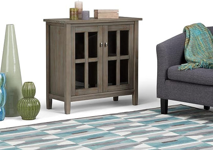 SIMPLIHOME Warm Shaker SOLID WOOD 32 inch Wide Transitional Low Storage Cabinet in Distressed Grey for the Living Room, Entryway and Family Room