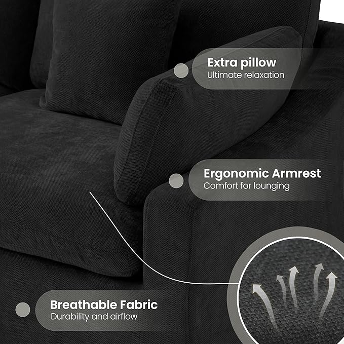 Modular Cloud Sofa, 154" Cloud Sectional Couches with Deep Seat, Linen U-Shape 6-Seater Couch with Ottoman for Living Room, Washable Cover, Wide Armrest in Black