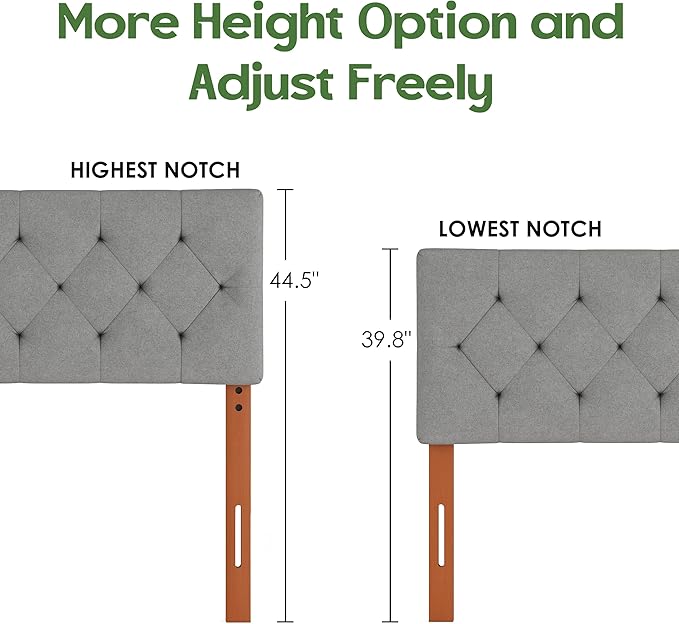 Upholstered Headboard King Size Only for Bed Frame from 65”-78”, Adjustable Height Headboards King with Durable Leg, Fabric Bed Head Board in Modern Button Design, Light Grey