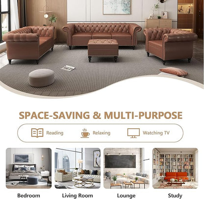 Chesterfield 3 Seater Sofa, Modern Leather Tufted Couch 3 Seater with Rolled Arms and Nailhead Mid-Century Upholstered Couch for Living Room, Bedroom, Apartment and Office, Brown
