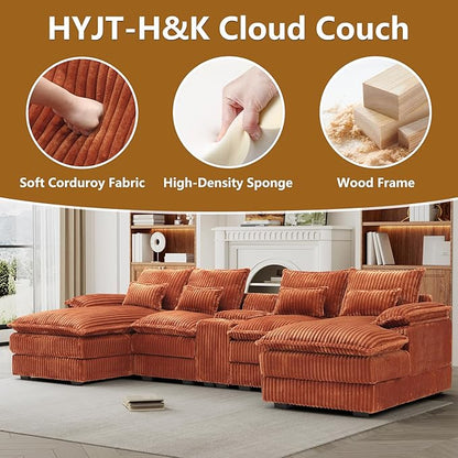 HYJT-H&K 124" U Shaped Cloud Couch Sectional, Comfy Fluffy Plush Corduroy Orange Sectional Couches for Living Room, Modern Modular Corduroy Couch Sectionals with Central Console & Double Chaise
