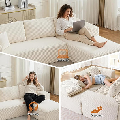 Modular Sectional Cloud Couch for Living Room,Modern Boneless Couche Set with Plush Corduroy,Comfy Floor Sofa with Memory Foam,Stupendous U Shaped Sofa with Chaise,No Assembly Required,Beige