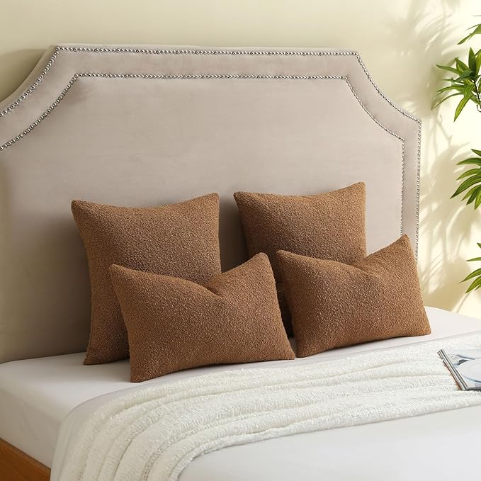 FUTEI Pack of 2 Tobacco Decorative Throw Pillow Covers 26x26 Inch Soft Cozy Solid Boucle Textured Euro Pillow Shams,Modern Home Decor for Couch Bed Living Room