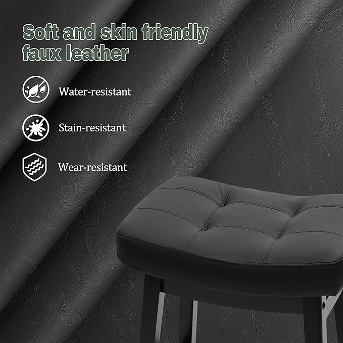 Counter Height Black Bar Stools Set of 6 for Kitchen Counter Farmhouse Modern Barstools with Faux Leather Upholstered Backless Seat and Solid Wood Legs 24 inch Bar Chairs