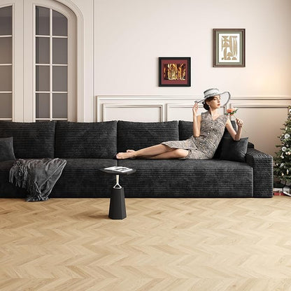 140.2" Cloud Modular Black Sofa, 4-Seater Upholstered Couches for Living Room, Modern Minimalist Deep Seat Boneless Couch, No Assembly Required, Plush Corduroy Fabric