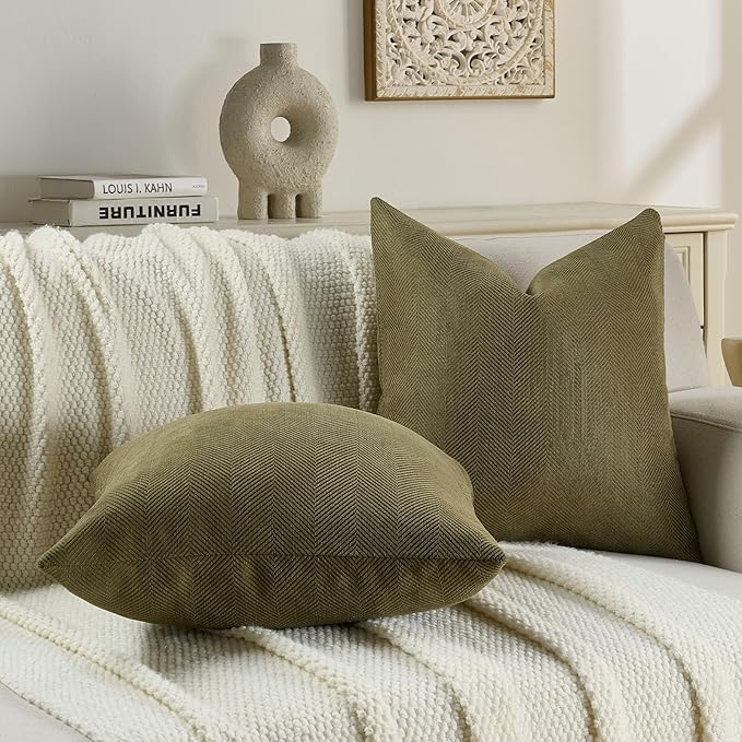 FUTEI Olive Green Chenille Throw Pillow Covers 18x18 Inch Set of 2,Soft Wide Chevron Textured Cushion Case,Farmhouse Home Decor for Couch Bed Living Room