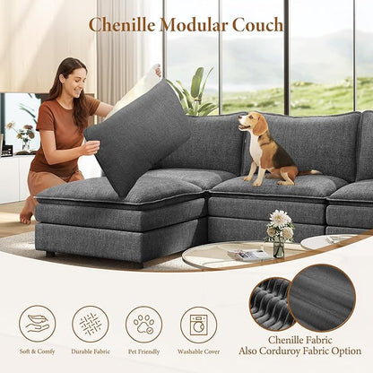Vesgantti 108" V-Shaped Corner Couch Sectional, 7 Seat Customizable Modular Cloud Couches with Movable Ottoman, Chenille Deep Seat Sofa Set with Chaise for Living Room, Bedroom and Apartment, Gray