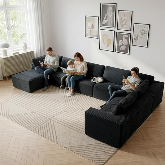 Modular Sectional Cloud Couch for Living Room,Modern Boneless Couche Set with Plush Corduroy,Comfy Floor Sofa with Memory Foam,Stupendous U Shaped Sofa with Chaise,No Assembly Required,Black
