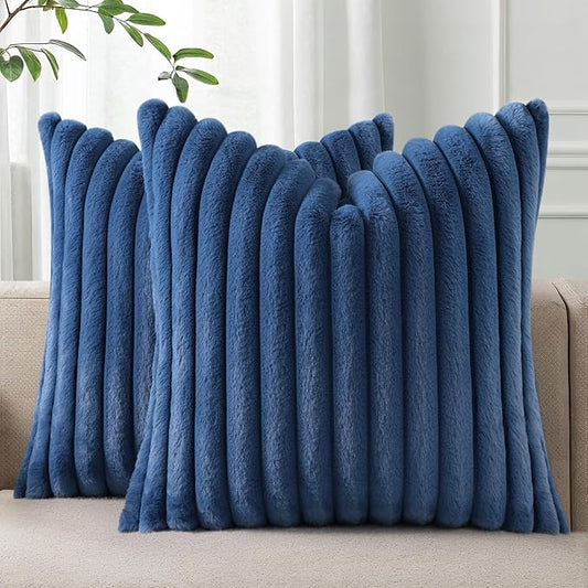 Pallene Faux Fur Plush Throw Pillow Covers 22x22 Set of 2, Luxury Soft Fluffy Striped Decorative Pillow Covers for Sofa, Couch, Living Room, Navy Blue