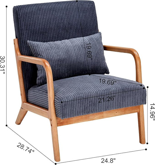 Accent Chairs, Mid-Century Modern Chair with Pillow, Armchair with Solid Wood, Reading Relaxing Leisure Chair for Living Room（Dark Grey）
