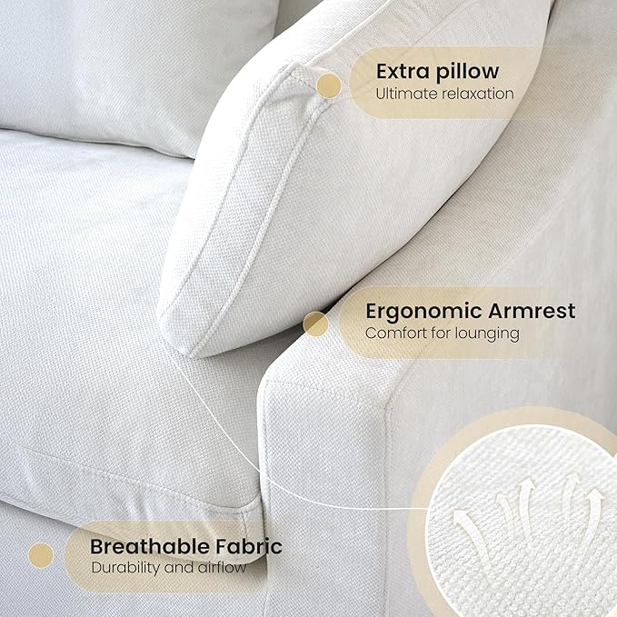 154" Modular Sectional Sofa Cloud Couch,Oversized Linen V-Shaped Sectional Sofa with Deep Seat, U-Shape 6-Seater Couch with Ottoman for Living Room in White