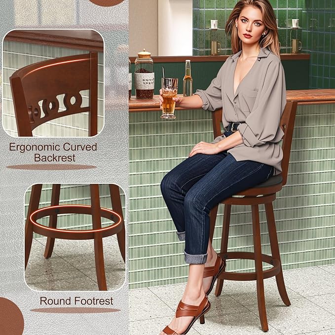 COSTWAY Bar Stools Set of 4, 30.5” Bar Height Bar stools with Solid Wood Legs, Cushioned Seat, Footrest, for Home, Kitchen Island, Bar (4, 30.5'' Seat Height)