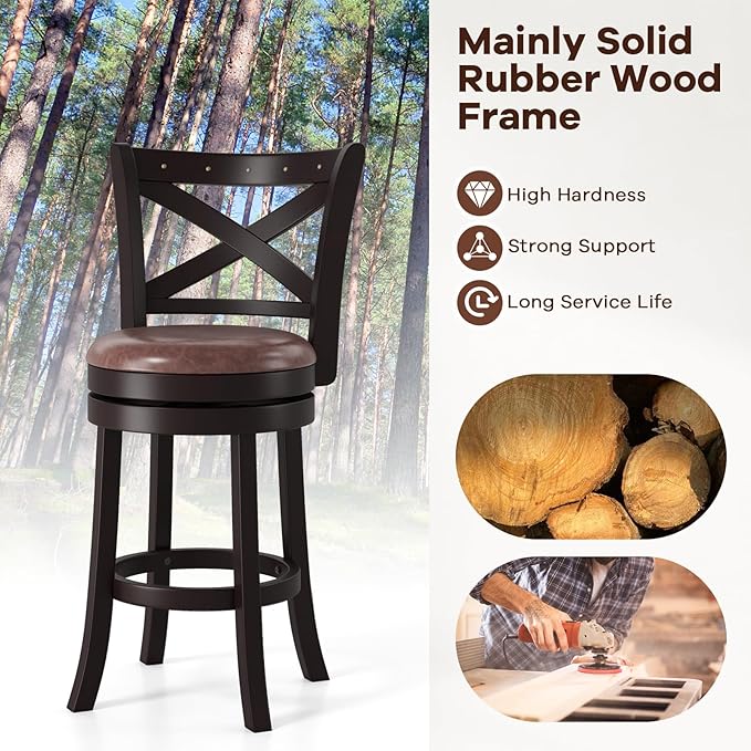 COSTWAY Bar Stools Set of 2, 26" Swivel Counter Height Bar Chairs with Copper Nails, Upholstered Seat, X-Shaped Backrest, Solid Rubber Wood Frame, for Kitchen Island Pub Bar