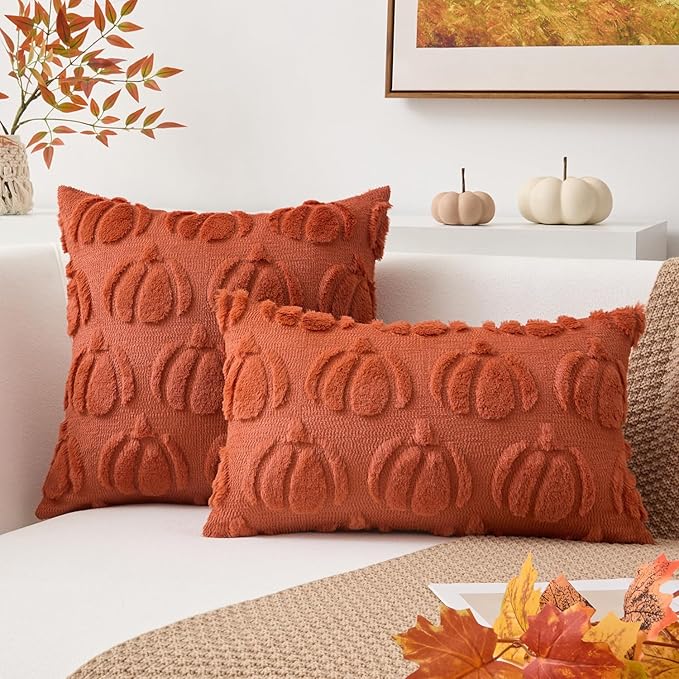 Kevin Textile Fall Pillow Covers 20x20 Inch Set of 2 Soft Pumpkins Decorative Square Pillowcases Plush Autumn Faux Fur Cushions Harvest Gift for Couch Sofa Chair Bedroom Home Decor, Rust