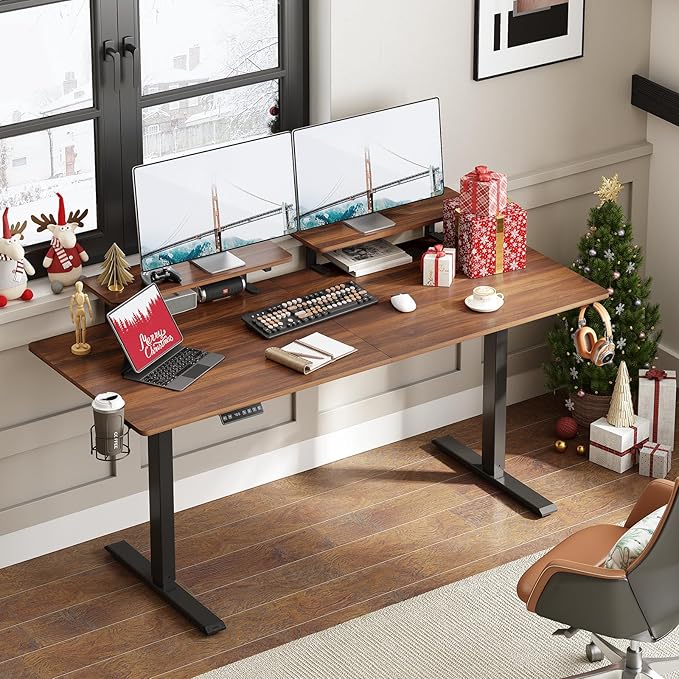 ONBRILL Standing Desk with 2 Adjustable Monitor Shelves, 71 x 24 Inches Electric Stand Up Desk with Memory Controller and Adjustable Height from 28-46 inches for Computer Workstations, Walnut
