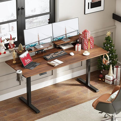 ONBRILL Standing Desk with 2 Adjustable Monitor Shelves, 55 x 24 Inches Electric Stand Up Desk with Memory Controller and Adjustable Height from 28-46 inches for Computer Workstations, Walnut