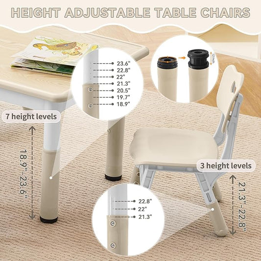Kids Study Table and Chairs Set, Height Adjustable Toddler Table and Chair Set for Kids Ages 3-8, 23.6" L x 23.6" W Graffiti Desktop Plastic Children Art Table with 2 Seats, Burlywood