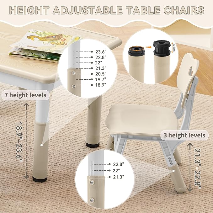 Kids Study Table and Chairs Set, Height Adjustable Toddler Table and Chair Set for Kids Ages 3-8, 23.6" L x 23.6" W Graffiti Desktop Plastic Children Art Table with 4 Seats, Burlywood