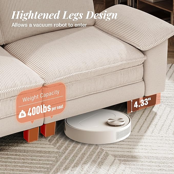 123-Inch U Shaped Sectional Sofa with Cloud Cushions, Deep Seat Modular Couch Set w/ 5 Seats & 2 Ottomans, Plush Chenille & Corduroy Upholstery for Living Room, Apartment - Beige