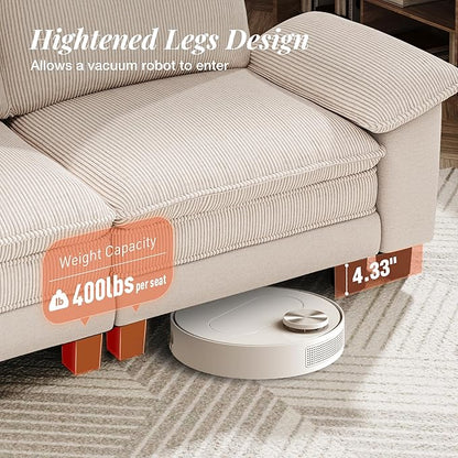 123-Inch U Shaped Sectional Sofa with Cloud Cushions, Deep Seat Modular Couch Set w/ 5 Seats & 2 Ottomans, Plush Chenille & Corduroy Upholstery for Living Room, Apartment - Beige