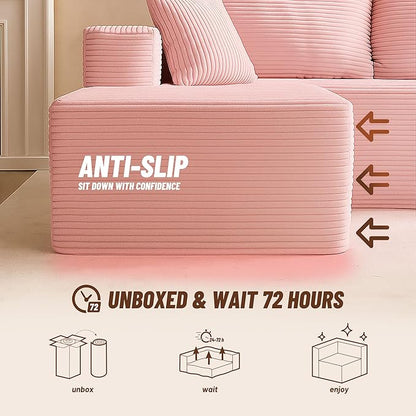 107" Boneless Couch with Deep Seat, Modular Sectional Sofa, Cloud Sectional Couch for Living Room, No Assembly Required, Corduroy, U-Shape 3 Seater Left, Pink
