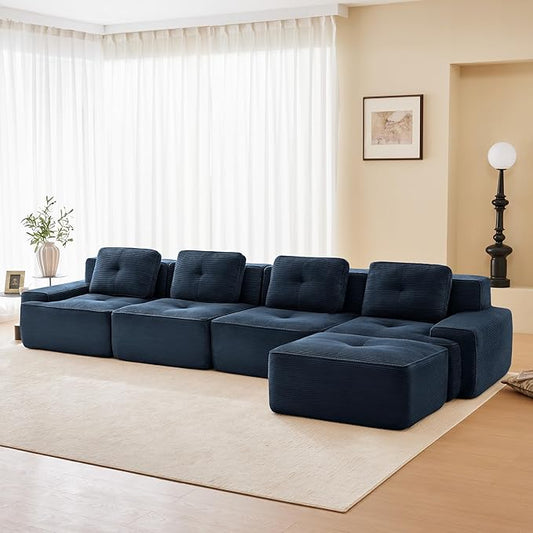 150.4” Blue Boneless Couches for Living Room, Modular Sectional Sofa with L-Shape Chaise, 4 Seater Comfy Upholstered Deep Seat Corduroy Fabric Cloud Couch No Assembly, Anti-Slip Design