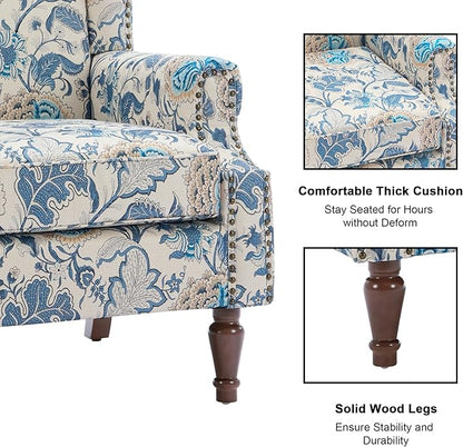 Accent Chair, Upholstered High Back Floral Armchair with Nailhead Trim & Wood Legs, Comfy Wingback Reading Single Sofa Chair for Small Spaces, Living Room, Bedroom ( Boho Blue Floral, Set of 2)