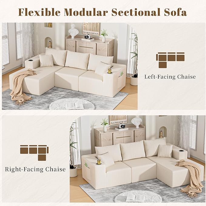 107" Cloud Sectional Couch, Modular Sectional Sofa with L-Shape Chaise, Corduroy Boneless Couch with Deep Seat, Upholstered Sofa for Living Room, No Assembly Required(Right-Facing Chaise, White)