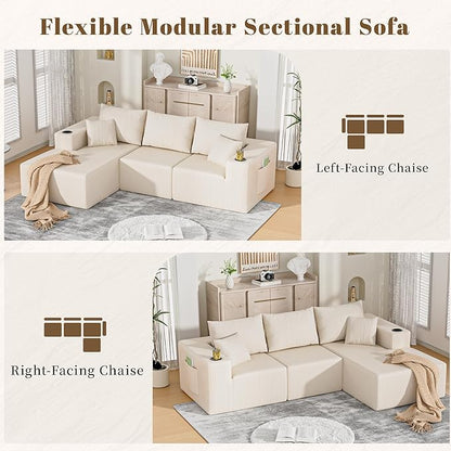 107" Cloud Sectional Couch, Modular Sectional Sofa with L-Shape Chaise, Corduroy Boneless Couch with Deep Seat, Upholstered Sofa for Living Room, No Assembly Required(Left-Facing Chaise, White)