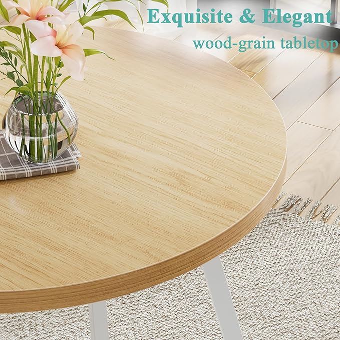 VECELO 35" Round Dining Table for 4, Wood-Grain Tabletop & Heavy-Duty Steel Frame, for Kitchen, Living Room, Easy Assembly, Natural & White