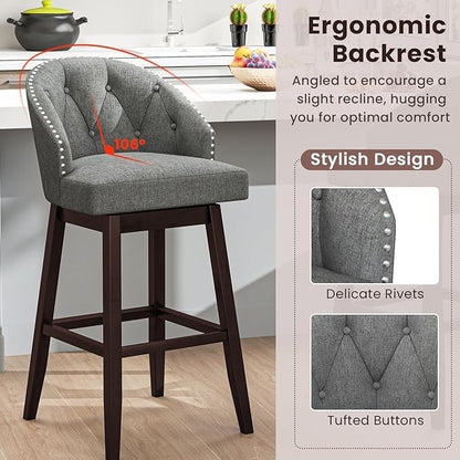 COSTWAY Bar Stools Set of 2, 31’’ Swivel Bar Stools with Rubber Wood Legs & Padded Back, Breathable Linen Fabric, Stylish Tufted Design & Rivet Decoration, Adjustable Foot Pads (2, Grey + Brown)