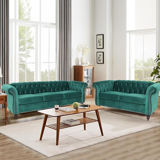 Velvet Loveseat Sofa, Mid Century Modern Upholstered Couch, 62" Oversized Comfy 2 Seater Love Seat Couch with Cushions, Tufted Chesterfield Sofa for Living Room, Bedroom, Apartment (Green)