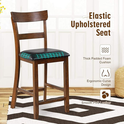 COSTWAY Counter Height Bar Stools Set of 2, 25.5 Inch Mid Century Modern Wooden High-top Chairs with Backrest, Rubber Wood Legs, Faux Leather Seat, Farmhouse Barstools for Kitchen Island, Pubs
