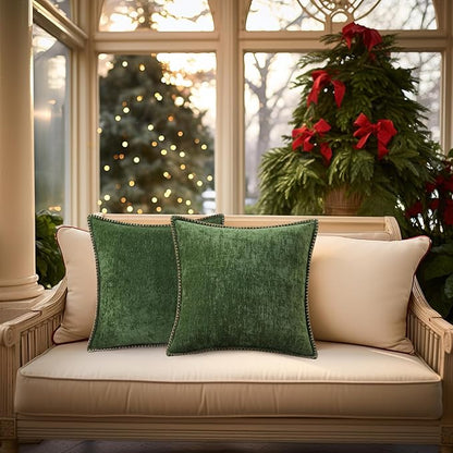 decorUhome Christmas Chenille Soft Throw Pillow Covers 12x20 Set of 2, Lumbar Velvet Farmhouse Neutral Decorative Euro Fall Pillow Covers with Stitched Edge for Couch Sofa Bed Home Decor, Forest Elf